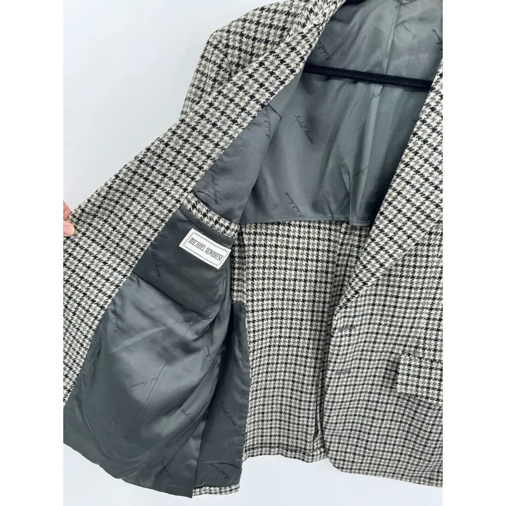 MICHAEL NOVARESE Vintage Beige Black Houndstooth 100% Wool Blazer Size 42R